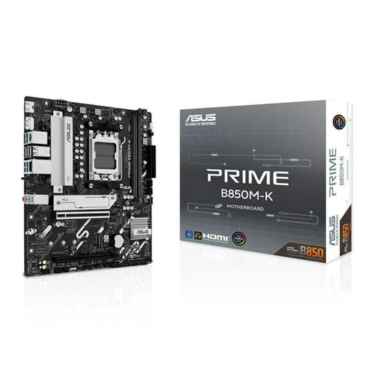 ASUS Prime B850M-K AMD Micro-ATX Motherboard, 8+2+1 Phase Power, DDR5, PCIe 5.0, 2 M.2 Slots, Realtek Ethernet 2.5GB, DisplayPort, HDMI, USB-A 10Gbps, USB-C 5Gbps, Aura Sync