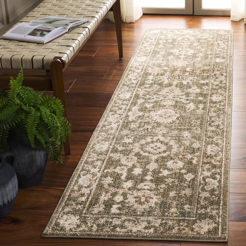 SAFAVIEH Oriental Rug for Living Room, Dining Room, Bedroom - Hazel Collection, Medium Pile, in Green and Ivory, 61 X 244 cm