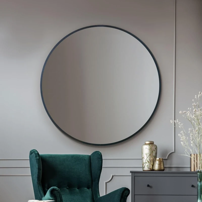 MirrorOutlet Stylish Extra Lange Round Circular Black Metal Framed Mirror – Modern Circular Wall Mirror: 120cm diameter