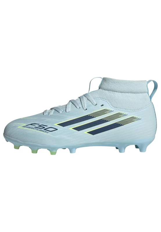 adidas Unisex Kids F50 SPARKFUSION League Mid Cut Firm Ground/Artificial Ground Football Boots Kids, Almost Blue/Dusky Petrol/hi-res Yellow, 2 UK