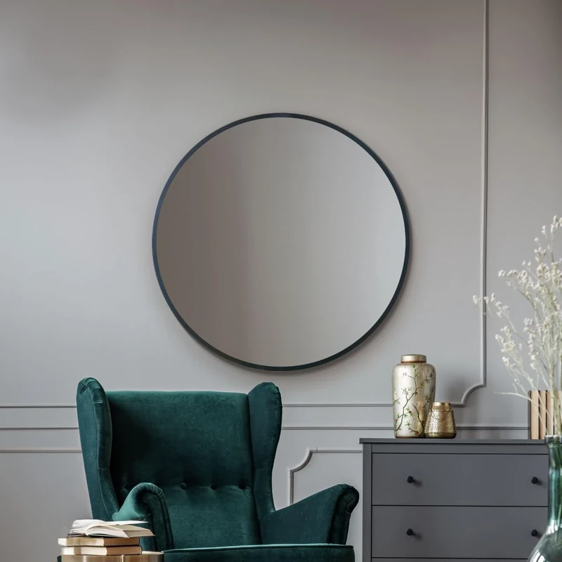 MirrorOutlet Stylish Round Circular Black Metal Framed Mirror – Modern Circular Wall Mirror: 90cm diameter