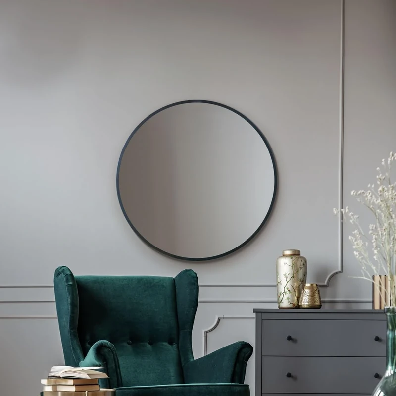 MirrorOutlet Stylish Round Circular Black Metal Framed Mirror – Modern Circular Wall Mirror: 80cm diameter
