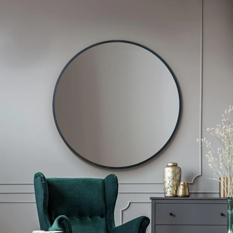 MirrorOutlet Stylish Extra Large Round Circular Black Metal Framed Mirror – Modern Circular Wall Mirror: 110cm diameter