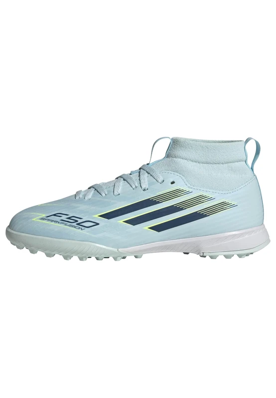 adidas Unisex Kids F50 SPARKFUSION League Mid Cut Turf Football Shoes Kids, Almost Blue/Dusky Petrol/hi-res Yellow, 4.5 UK - Image 1