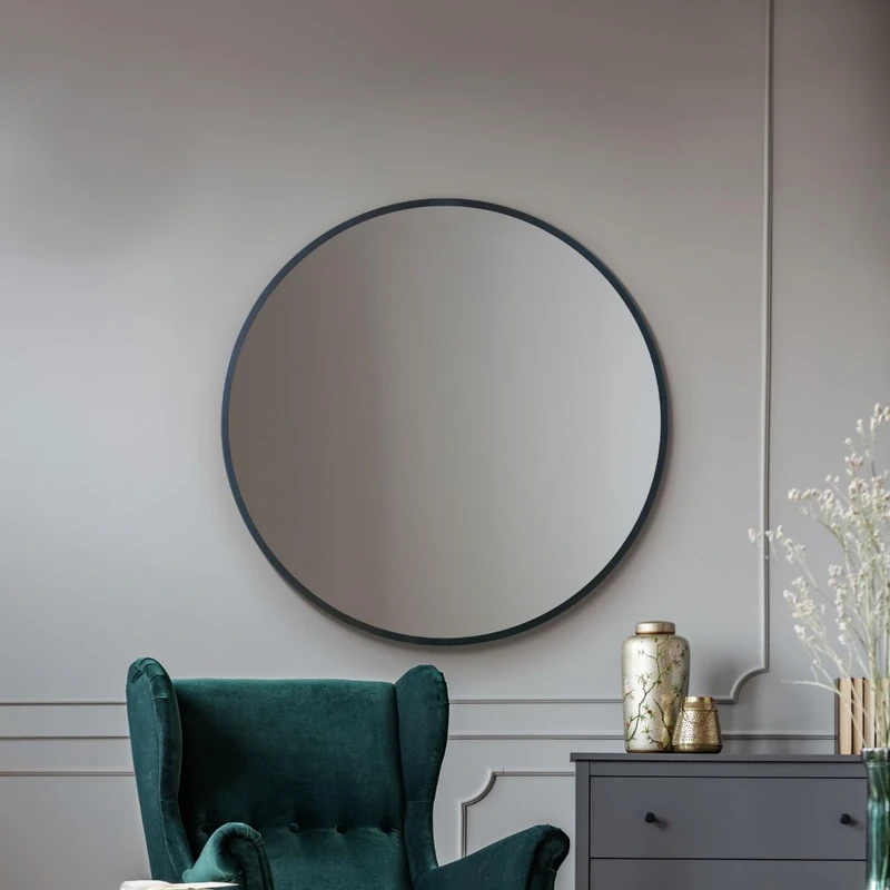 MirrorOutlet Stylish Large Round Circular Black Metal Framed Mirror – Modern Circular Wall Mirror: 100cm diameter