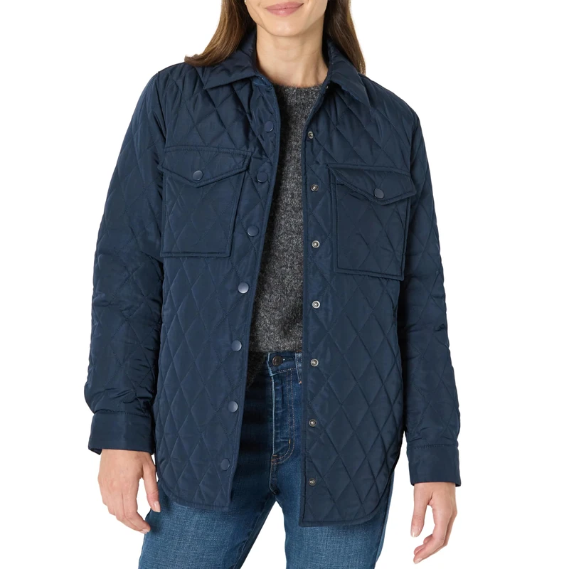 Amazon Essentials Women's Relaxed-Fit Long Quilted Jacket with Snap Closure, Navy, S