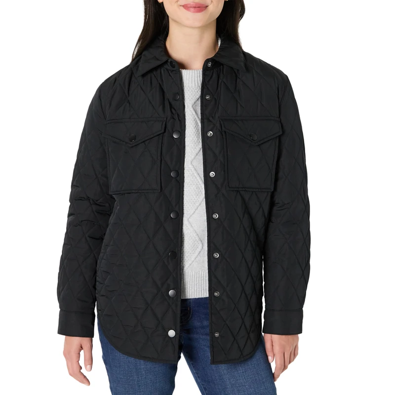 Amazon Essentials Women's Relaxed-Fit Long Quilted Jacket with Snap Closure, Black, XS