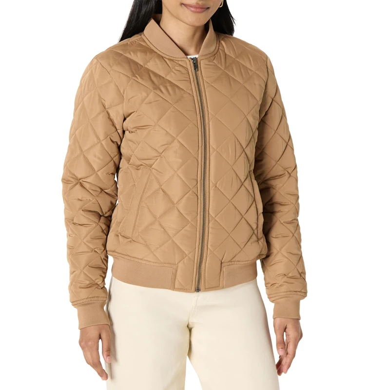 Amazon Essentials Women's Regular-Fit Quilted Bomber Jacket, Camel, M