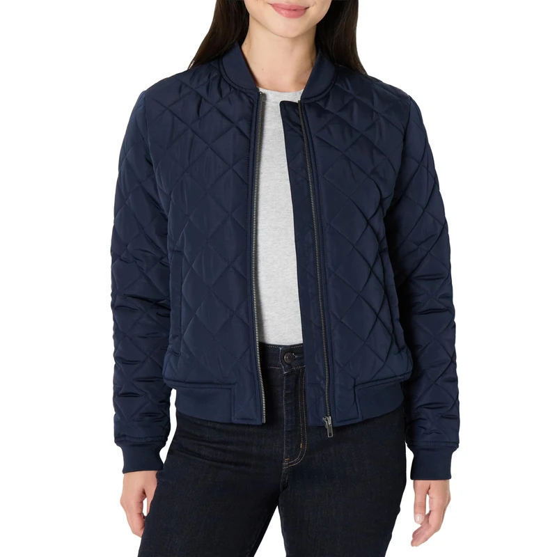 Amazon Essentials Women's Regular-Fit Quilted Bomber Jacket, Navy, M
