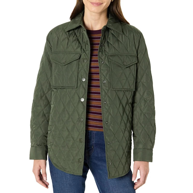 Amazon Essentials Women's Relaxed-Fit Long Quilted Jacket with Snap Closure, Dark Olive, XL