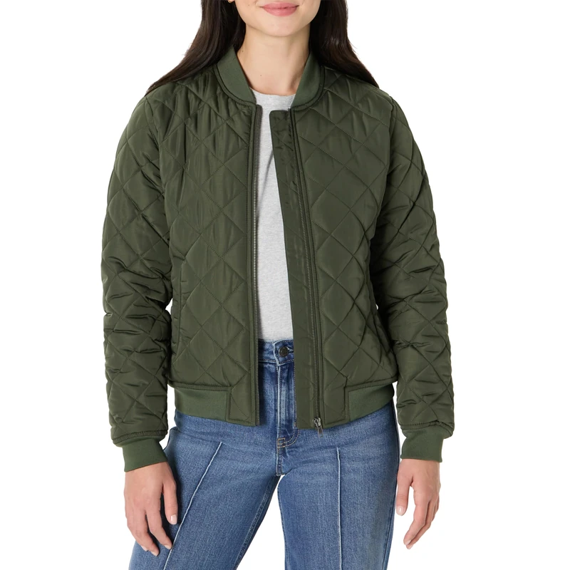 Amazon Essentials Women's Regular-Fit Quilted Bomber Jacket, Dark Olive, XS