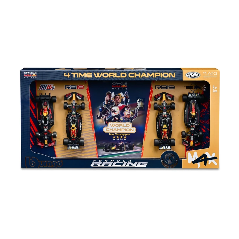 Bburago Formula 1 F1 Red Bull Racing 4-Pack Set - Verstappen - 1:43 Scale - Incredibly Detaield Die-Cast Collectible Replica Race Car Model