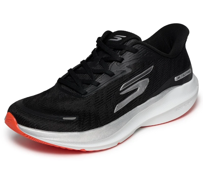 Skechers Men's Aero Pulse Performance - Lightweight Engineered Mesh Low-Top Daily Runner with Arch Support Slip-in Trainers, Black Textile Silver Orange Trim, 12 UK
