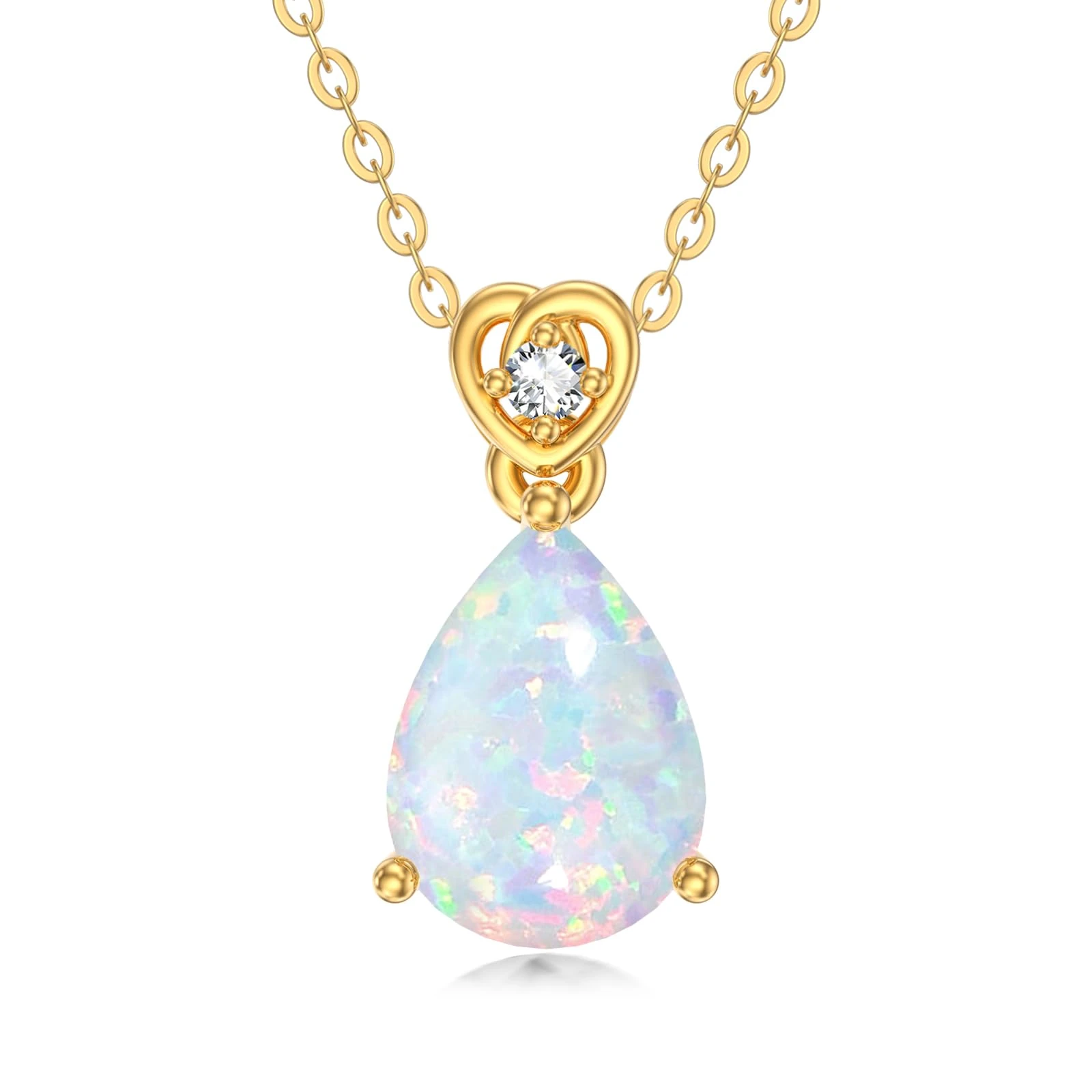14 Carat Gold Pear Opal Necklace with Diamond for Women 2Ct Teardrop Birthstone Pendant Anniversary Birthday Mother's Day Christmas Necklaces for Her(I2-I3 Clarity-white opal