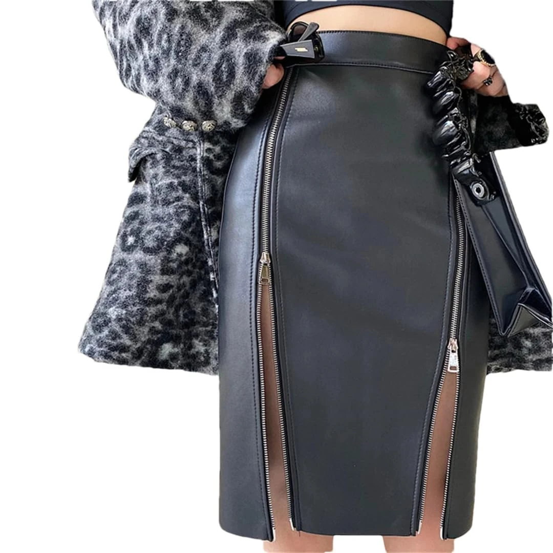 Women Leather High Waist Mini Skirt Solid Wrap Personality Zipper Split Short Sexy Pencil Skirt Black XL