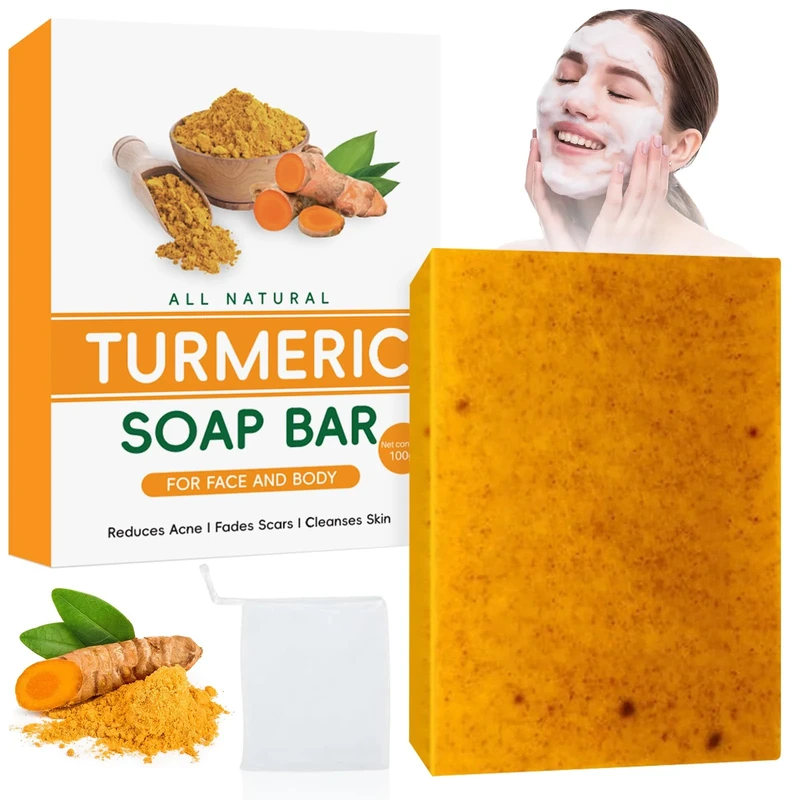Turmeric Soap Bar, Kojic Acid Soap, Natural Handmade Bar for Body & Face, Remove Acne Blackheads Dark Spot, Even Skin Tone, Vitamins C, Moisturizing Gentle, with A Foaming Net, 100g