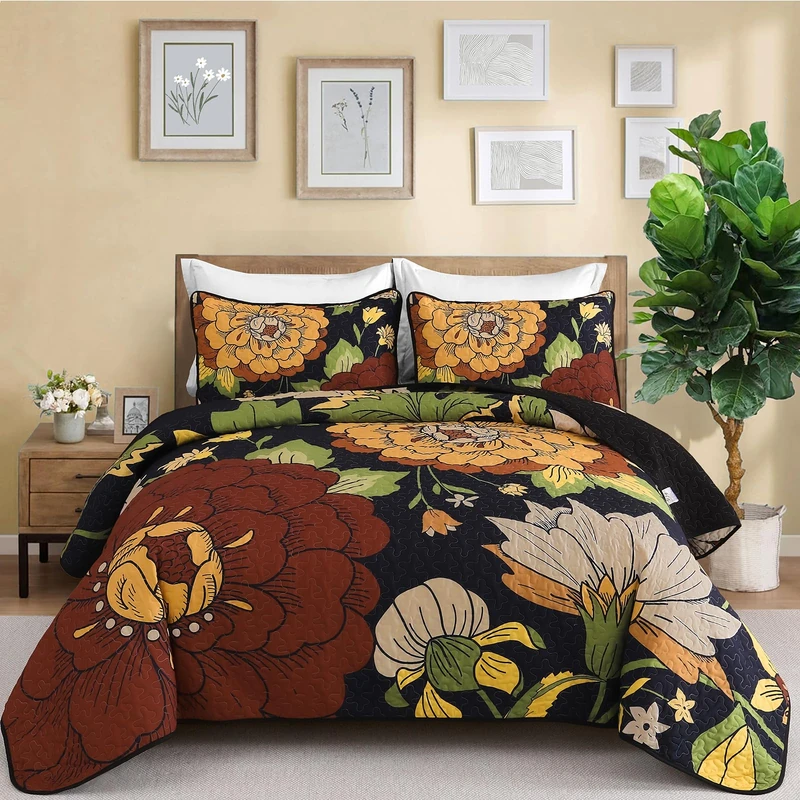 Floral Quilt Set California King Size Black Boho Bedspread Coverlet Set, 3 Piece Botanical Quilt Soft Microfiber Farmhouse Floral Bohemian Bedding Set with 2 Pillowcases for All Season, 112''x96''