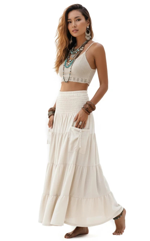 Thaluta Maxi Boho Skirt Long Pockets Cotton Hippie Bohemian Elastic Waist Gypsy Skirt, Ivory, One Size