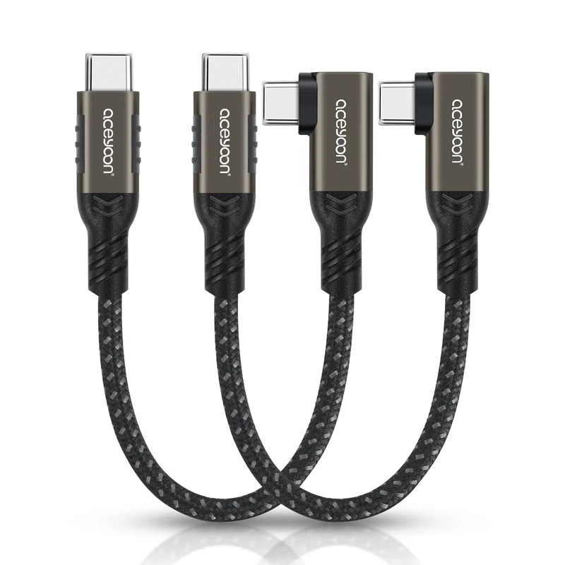 aceyoon 240W Short C to C Cable 10cm, 2 PCS 90 Degree QC 4.0 Fast Charging & Data Sync Braided Type C Cord Compatible with iPhone 16