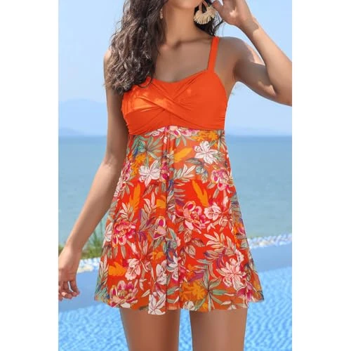 Generic Women's Twist Front Swimsuit Dress - Fluorescent Orange