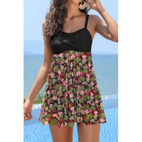 Generic Women's Twist Front One Piece Swimsuit - Black Floral, Medium