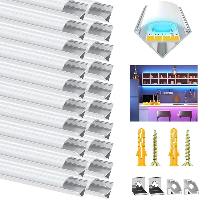 VEANANO LED Profile Diffuser for Led Strip Light Trunking 20Pack 3.3FT/1M White V-Shape Aluminum Channel with Milky White Cover, End Caps and Mounting Clips Easy Installation