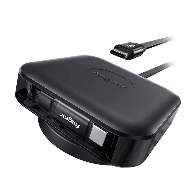 Fasgear One Line Retractable USB C Cable,60W PD/PPS Fast Charging,360°Rotatable Desk Mount,110cm Fixed 90cm Retractable Auto Rewind Type C Lead for i-Phone 17 16 Pro/i-Pad Pro/Mac-Book/Sam-sung 2Black