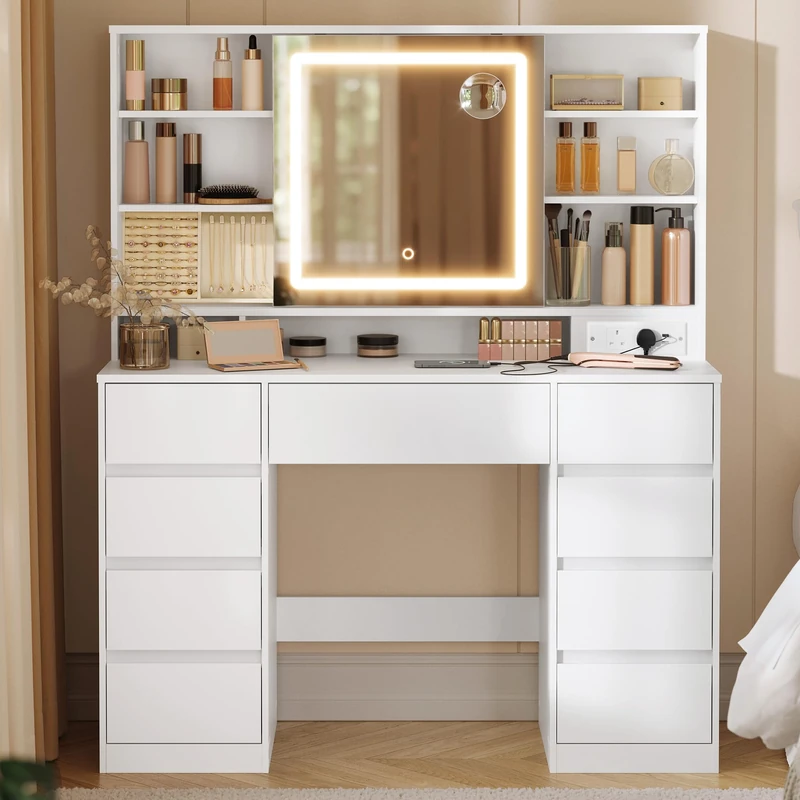 VASAGLE KAILYN Collection - Dressing Table with LED Mirror, Vanity Desk with Power Outlets, 9 Drawers, 10x Magnifying Mirror, 3 Light Colours, Toolless Slide Rail Assembly, Cloud White RDT137W02