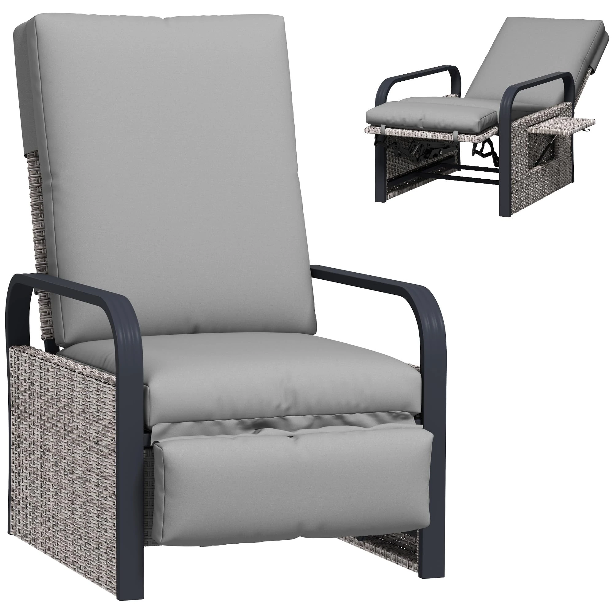 Outsunny Rattan Garden Recliner Chair, Reclining Rattan Chair with Adjustable Backrest and Footrest, Outdoor Lounge Sun Lounger with Cushion, Side Tray and Aluminium Armrests, Light Grey/Dark Grey