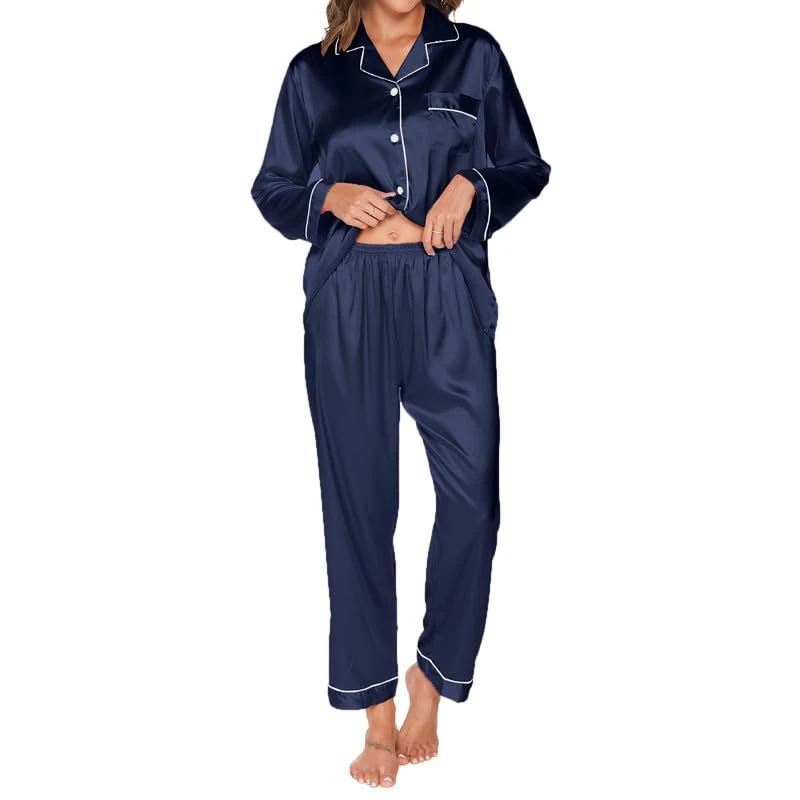 TeJoyce Women's Pyjama Sets Long Sleeve Silk Pjs for Women Sets Soft Satin Button Down Pj Sets Loungewear for All Seasons Navy Blue