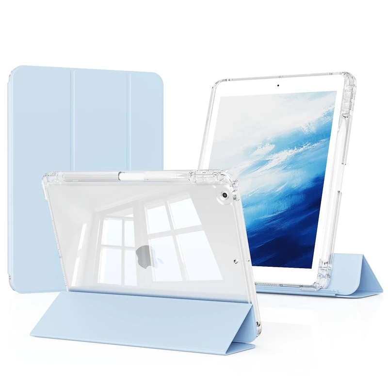 GKABXY Hybrid Case for iPad 9th/8th/7th Generation 2021/2020/2019 with Pencil Holder, iPad 10.2 inch Case Detachable Sliding Cover with Clear Hard Back Shell, Auto Sleep/Wake, Sky Blue