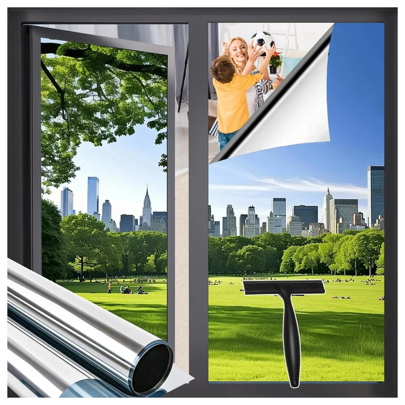 Zindoo Window Film One Way Privacy Film for Glass Windows 2 Rolls of 90x120cm, Mirror Reflective Window Tint Film See Out Not In, Anti UV Sun Blocker Self Adhesive for Home Office Glass Door