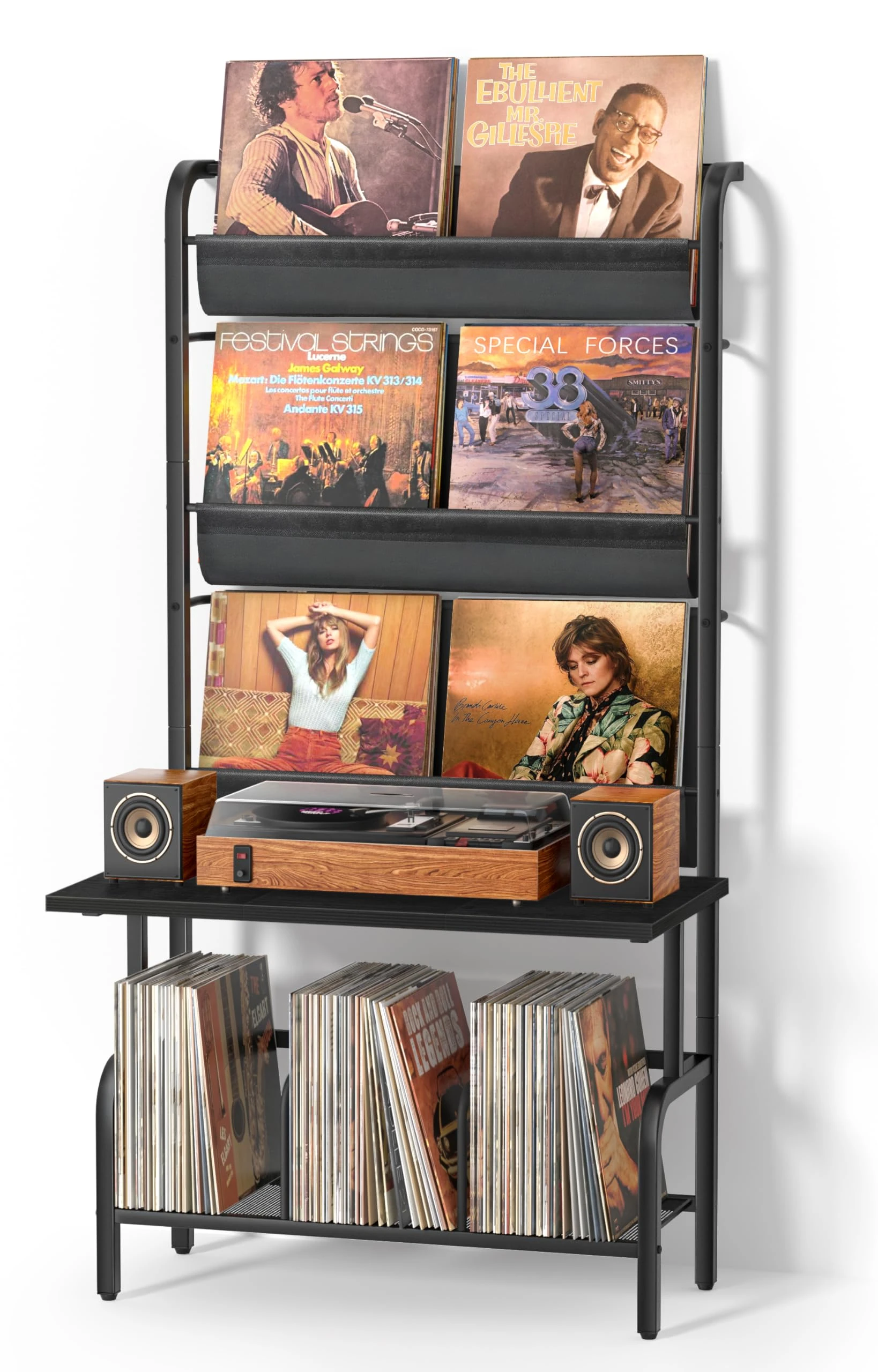 Bikoney Vinyl Record Storage Cabinet - Turntable Stand with Record Holder, Vinyl Wall Mount for up to 300 Albums, Display Shelf Bigger Storage - Black