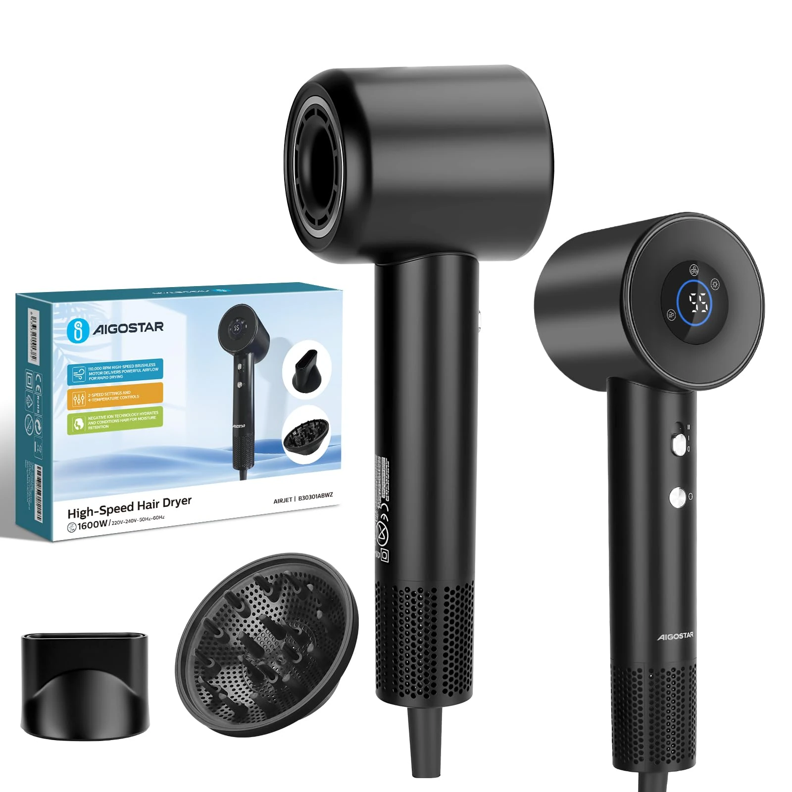 Aigostar Smart LED Display Hair Dryer - 65m/s High-Speed & 110,000 RPM Motor, 500M Ions, Professional Salon Finish, Low-Noise, Magnetic Nozzles for Travel - Airjet