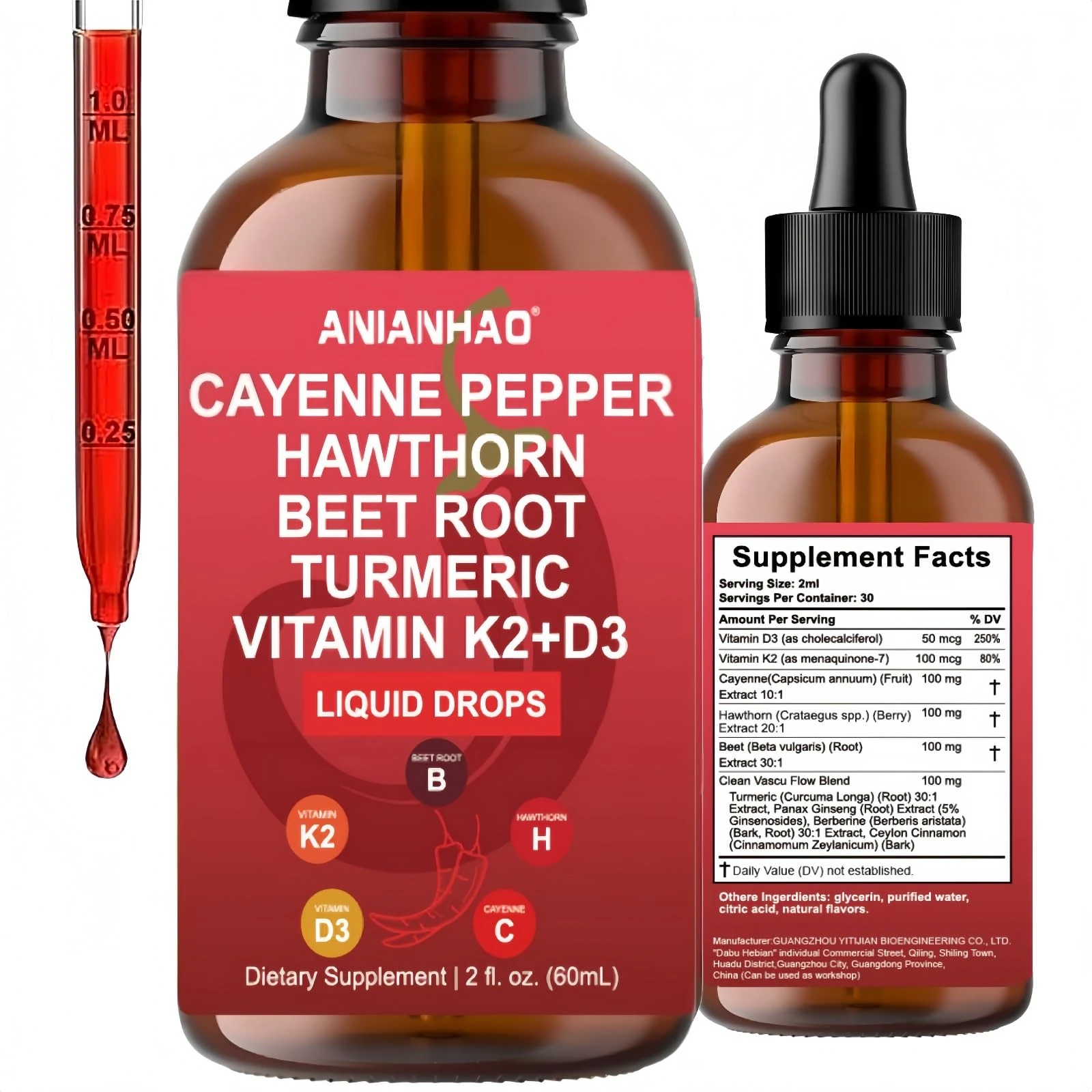 Cayenne Pepper 60ml (1 Month Supply) - Cayenne Pepper Supplement Liquid Drops - with Hawthorn & Vitamin D3 K2 Beet Root Powder - Suitable for Vegan Vegetarian Halal & Kosher Diet