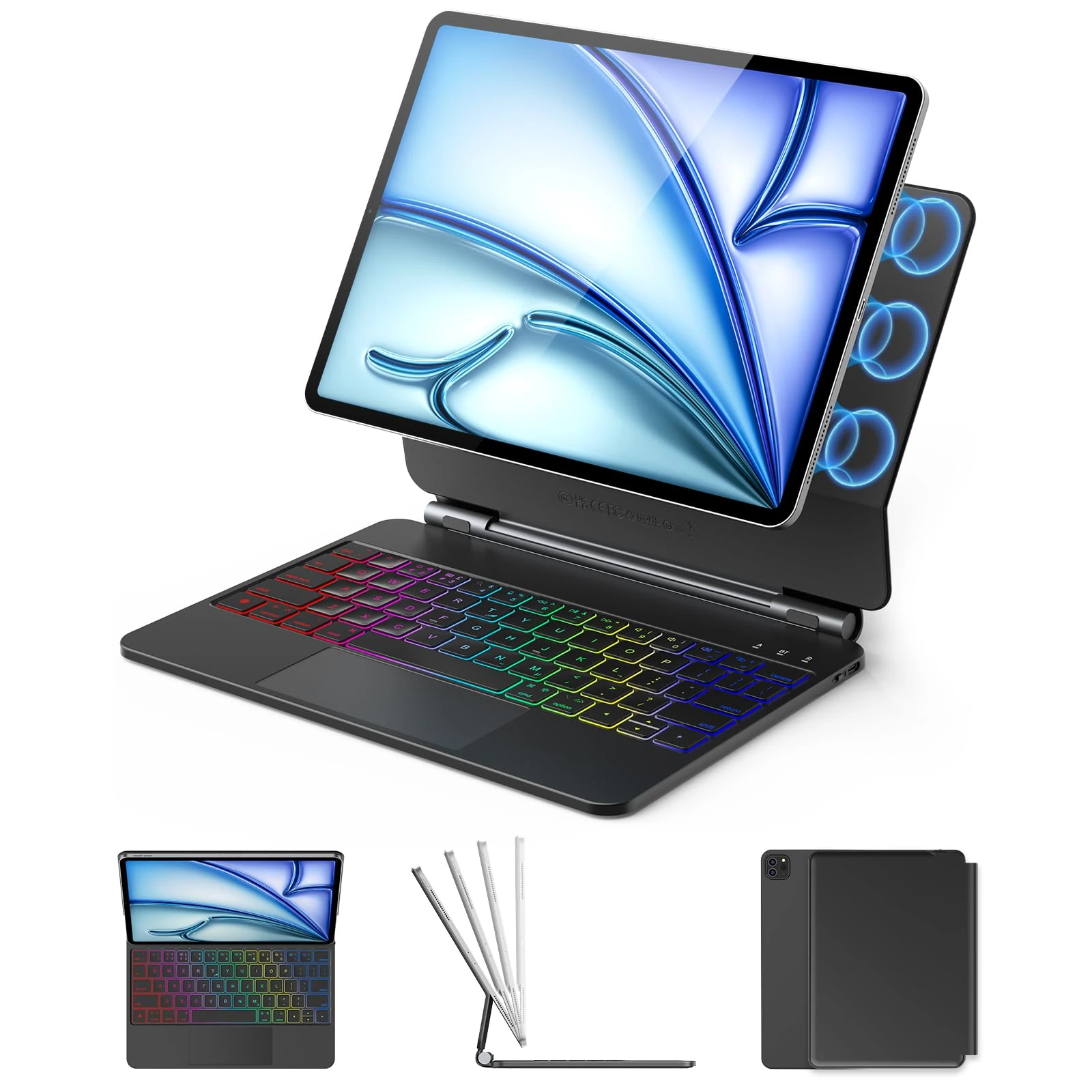 KBCASE Magic Keyboard Case for iPad Air 11 Inch M3 2025/M2 2024,Magnetic Keyboard for iPad Air 5/4 Gen 10.9 Inch 10.9 Inch, Pro 11" 4/3/2/1 Gen, 7-Color Backlight,Multi-Touch Trackpad, UK Layout