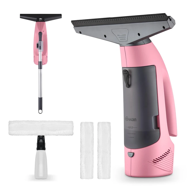 Swan x Lynsey SC59010QOC Rechargeable Cordless Window Vacuum Cleaner with Extension Pole, 35 Mins Runtime, Includes Spray Bottle with Cloth Holder / 2x Washable Microfiber Cloth, Pink