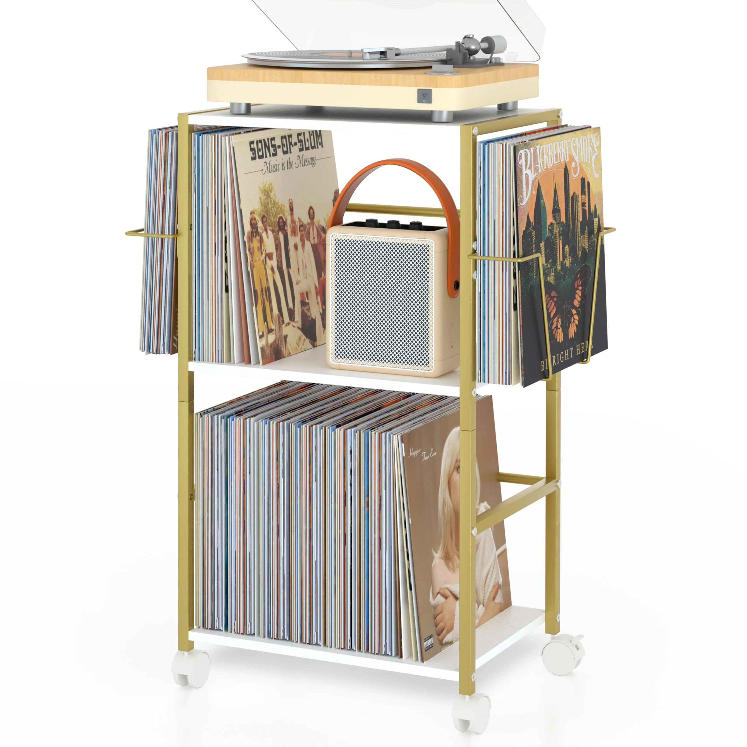 Bikoney Vinyl Record Storage, Rolling Side Table with Player Stand, Large End Table Cart Up to 150 Albums, Turntable Holder with 2 Display - Vinyl Storage for Living Room Bedroom Office, Gold