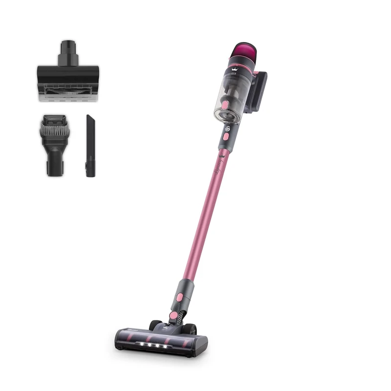 Swan x Lynsey SC15825QOC Cordless Stick Vacuum with 3 Speed Controls, Rechargeable Battery, Anti-Tangle Floorhead, Includes 2-in-1 Crevice Tool, Long Nozzle, Motorised Pet Tool, 29.6V, Pink