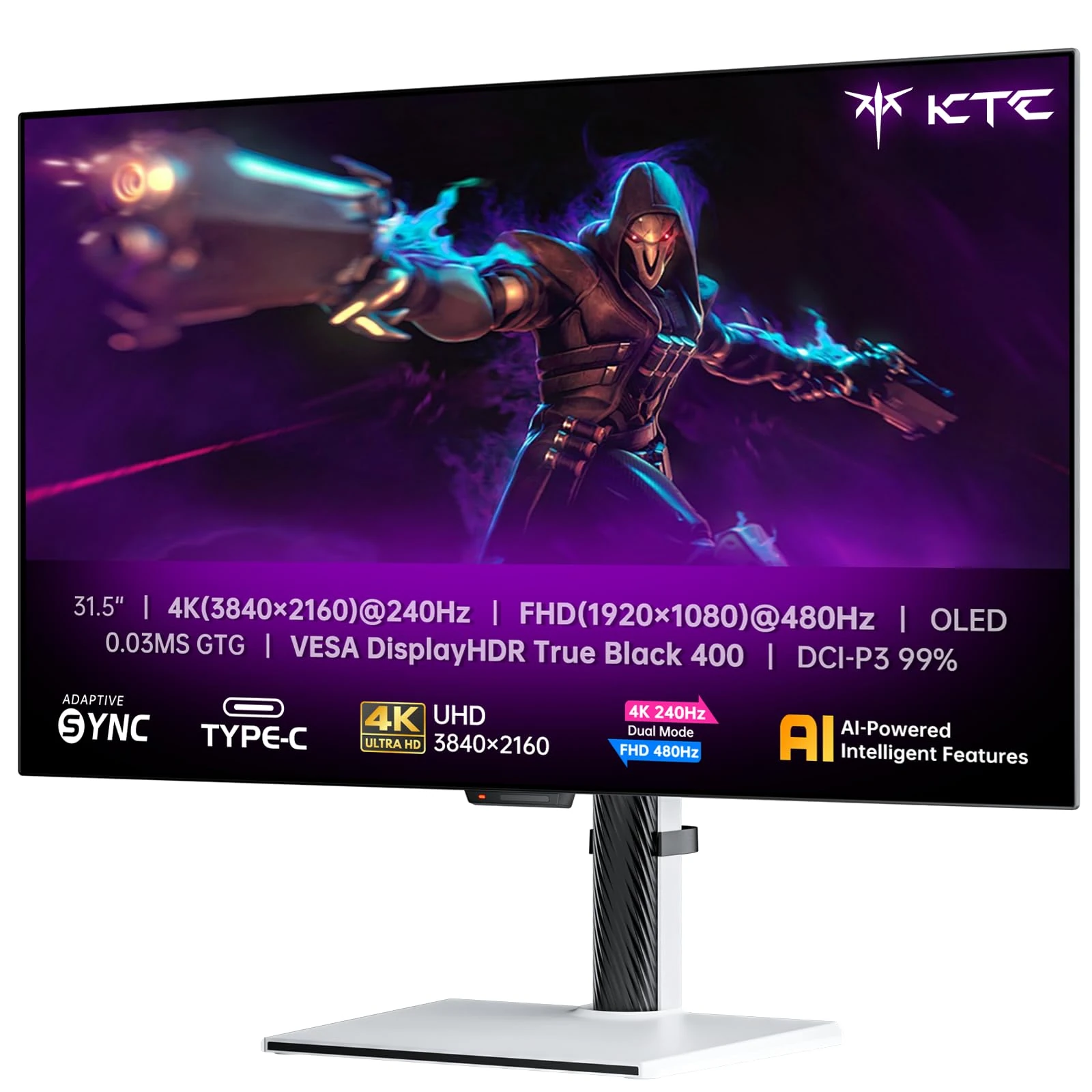 KTC 32 Inch 4K OLED Monitor, Dual Mode 4K@240Hz / 1080P@480HZ Gaming Monitor, 0.03ms, Adaptive Sync, HDR Ture Black 400, HDMI 2.1, DP 1.4, Full Function 65W USB C, 3 x USB A 3.0, KVM，Dual Speaker