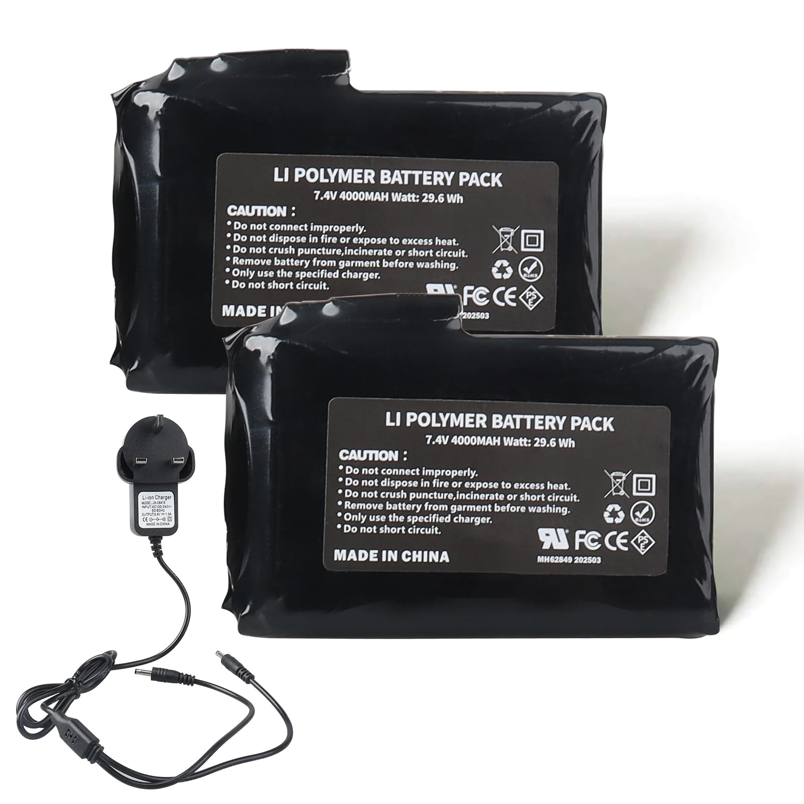 MXJFYY 2PCS 7.4V 4000mAh 29.6Wh Li-Polymer Rechargeable Batteries With Charger for Heated Gloves, Heated Socks, Heated Hats, Heated Balaclavas, Heated Insoles,Thermal Underwear Bottoms, Mittens