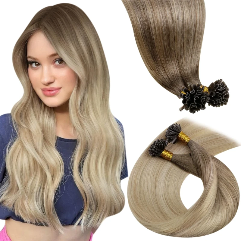 LaaVoo Human Hair Extensions U Tip Real Blonde, Remy Straight Balayage Light Brown to Ash Blonde Real Hair Extensions, Hot Fusion for Invisible & Stable 50s 50g 16 Inch #8/18/60