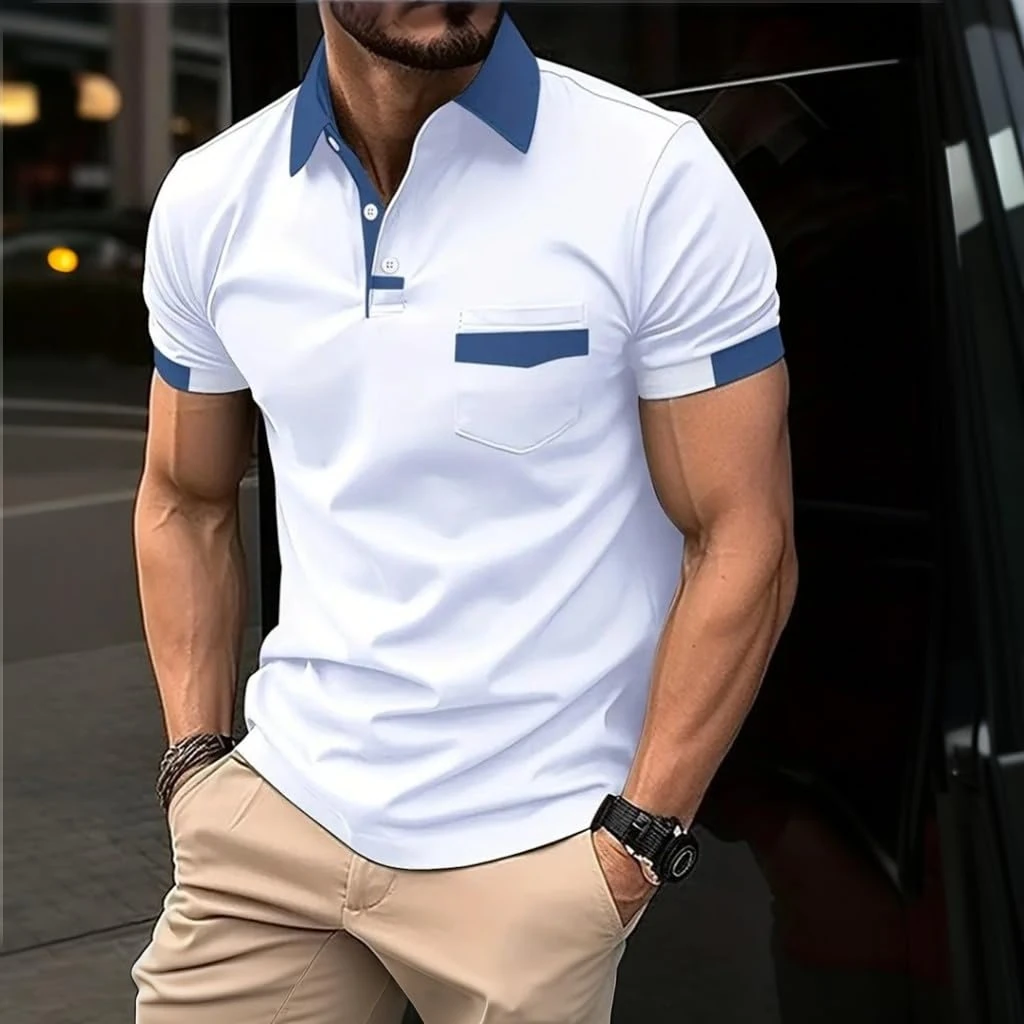 Men's Polo Shirts Short Sleeve Casual Polo T Shirt Slim Fit Golf Shirts with Pocket, White, Medium