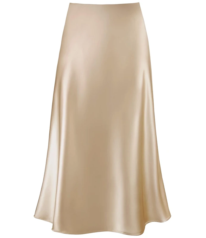 Women's Satin High Waist Hidden Elasticized Waistband Flared Casual A Line Midi Skirt, Solid Champagne, M
