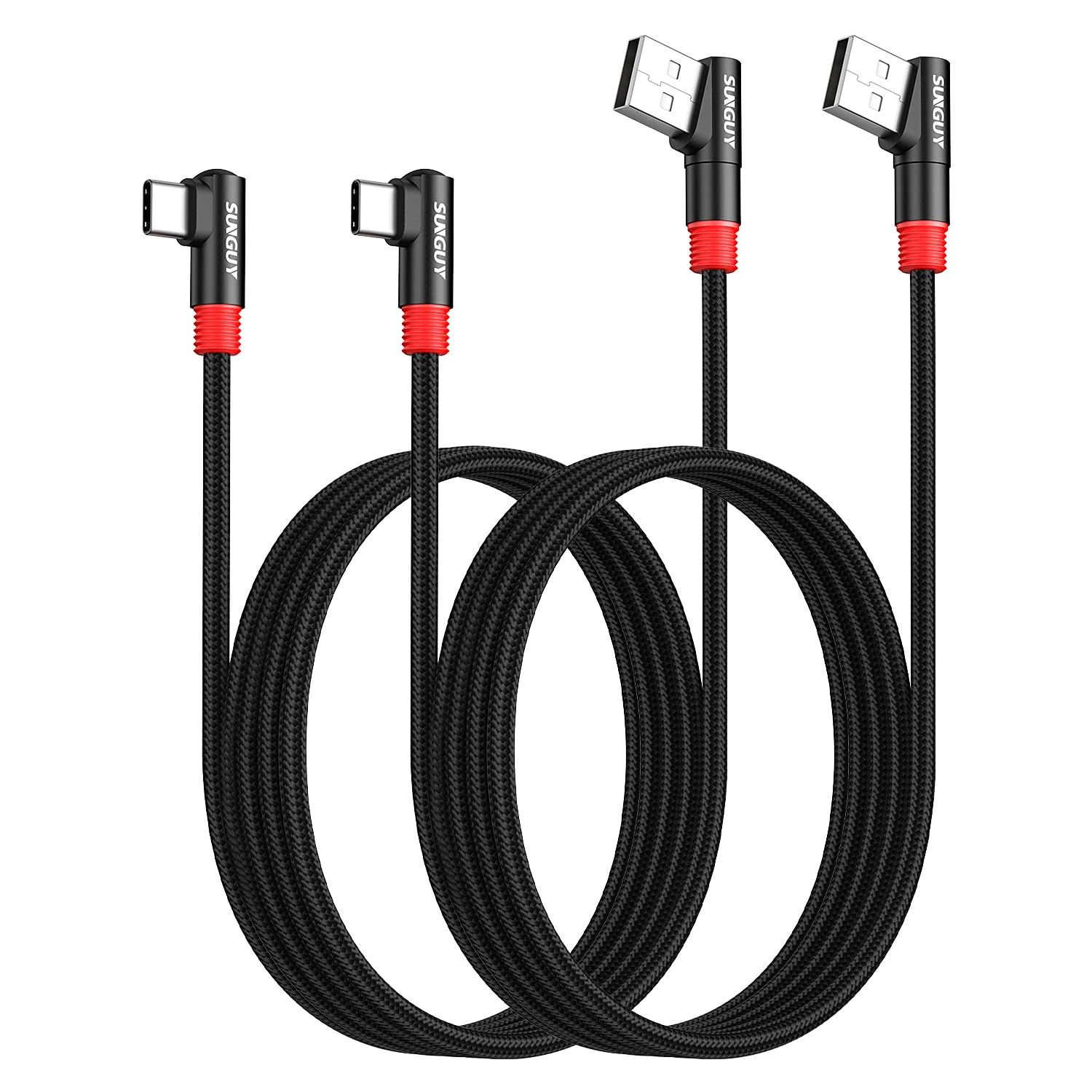 SUNGUY Right Angle USB C Cable 2Pack [6FT/2m] 3A 90 Degree USB 2.0 USB-C Fast Charging Data Sync Cable Nylon Braided for iPhone 16 15 Pro/Pro Max/Plus Samsung Galaxy S25/S24/S23, iPad