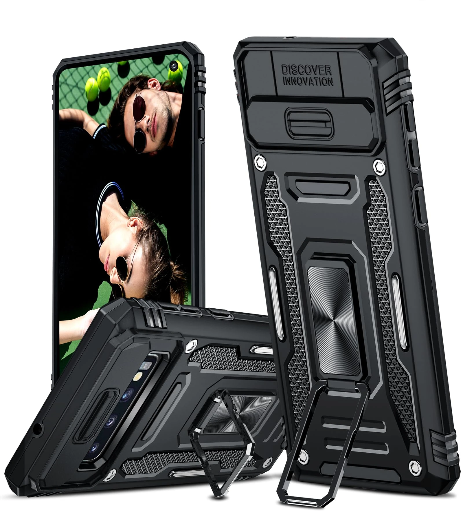 LeYi for Samsung Galaxy S10(Not Fit S10+) Phone Case, with Camera Lens Cover Slider and Ring Stand Holder, Military Grade Hard Protective Cover Tough Armour Case for Samsung Galaxy S10, Black