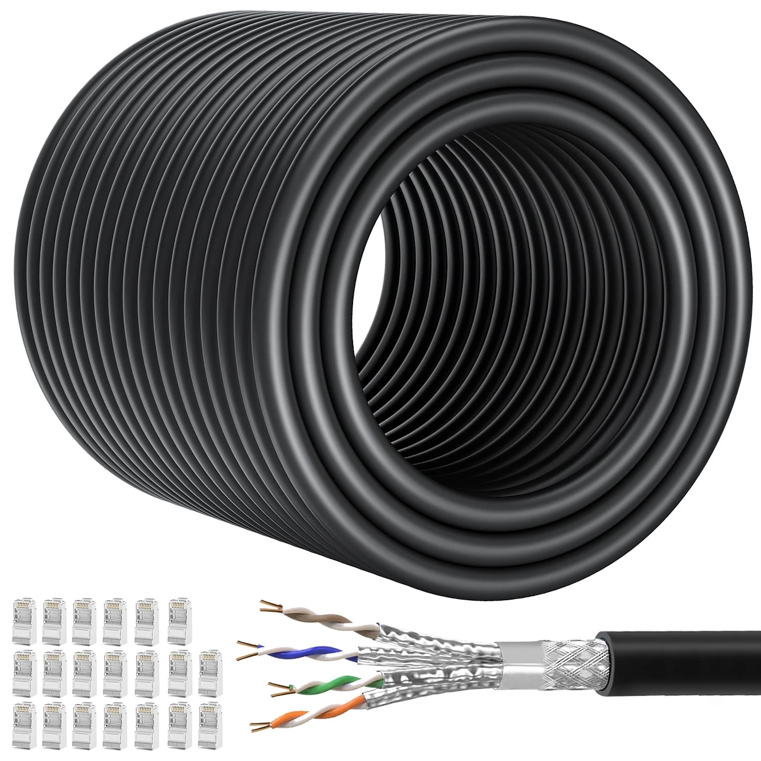 Soibke Ethernet Cable 150m Outdoor Indoor Cat 7 SFTP Shielded High Speed Long Internet Cable, 10Gbps 600MHz Gigabit Network Cable 150 Meter Black, Bulk RJ45 Patch Cord Waterproof for Router Switch