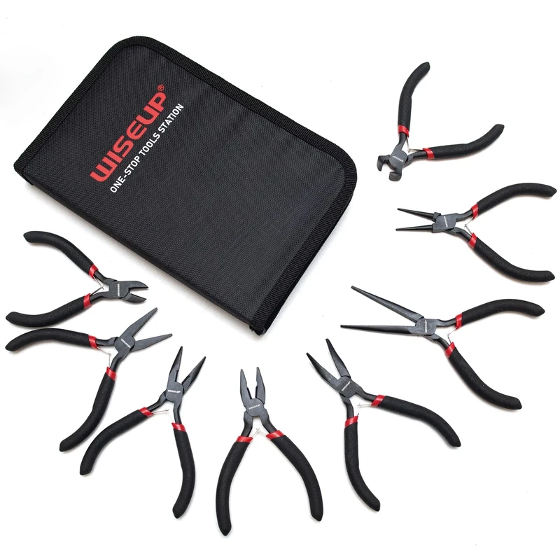 WISEUP 8-Piece Mini Pliers Set，Needle, Round, Flat, Long, Bent Nose, Diagonal, End Cutting & Linesman Pliers for Crafting, Electronics & Jewelry Making，with Pouch