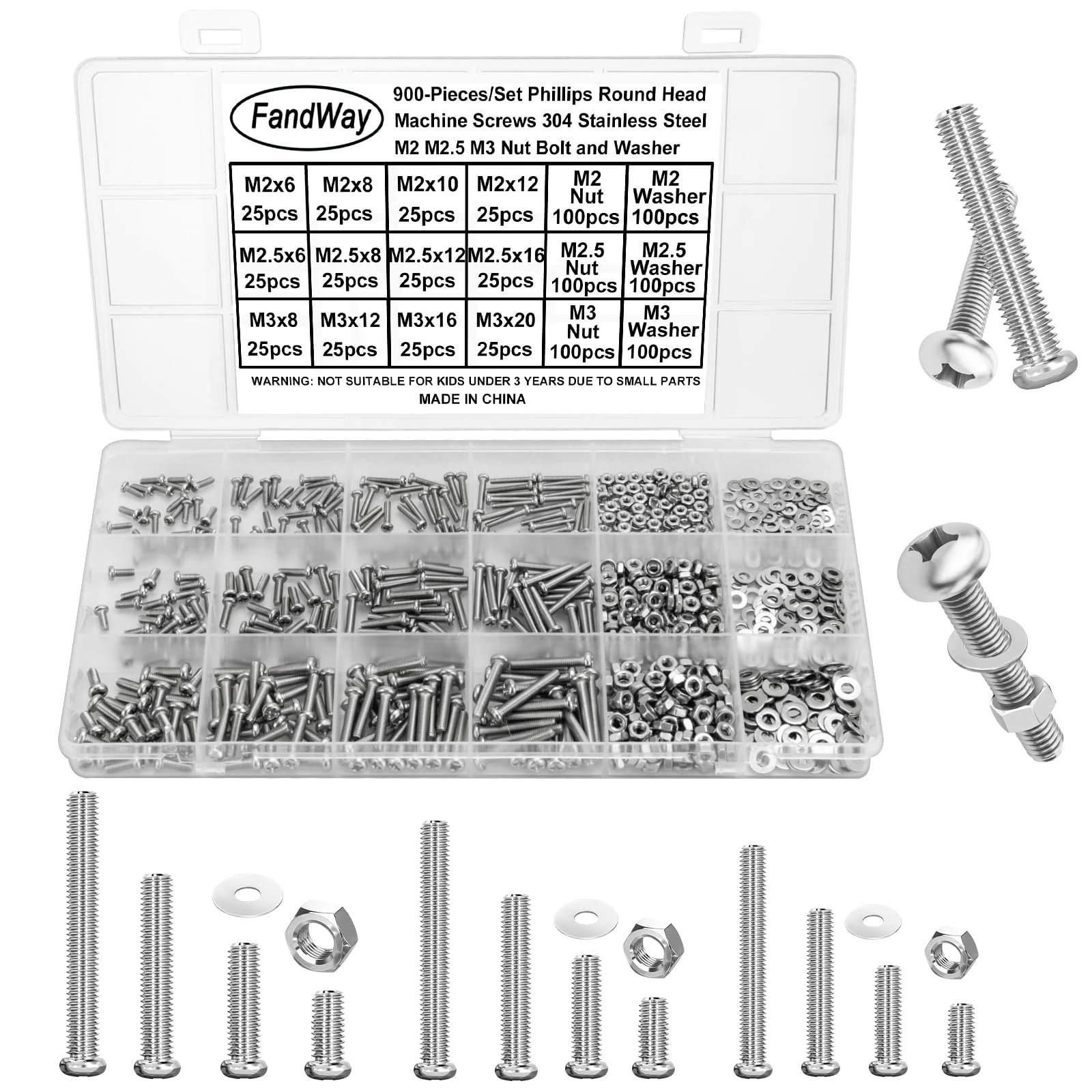 FandWay 900Pcs Bolts and Nuts Set,M2 M2.5 M3 Pan Head Machine Screws DIN 7985,Cross Round Head Screws,304 Stainless Steel Bolts and Washers Set Phillips Drive Fully Threaded With Storage Box.