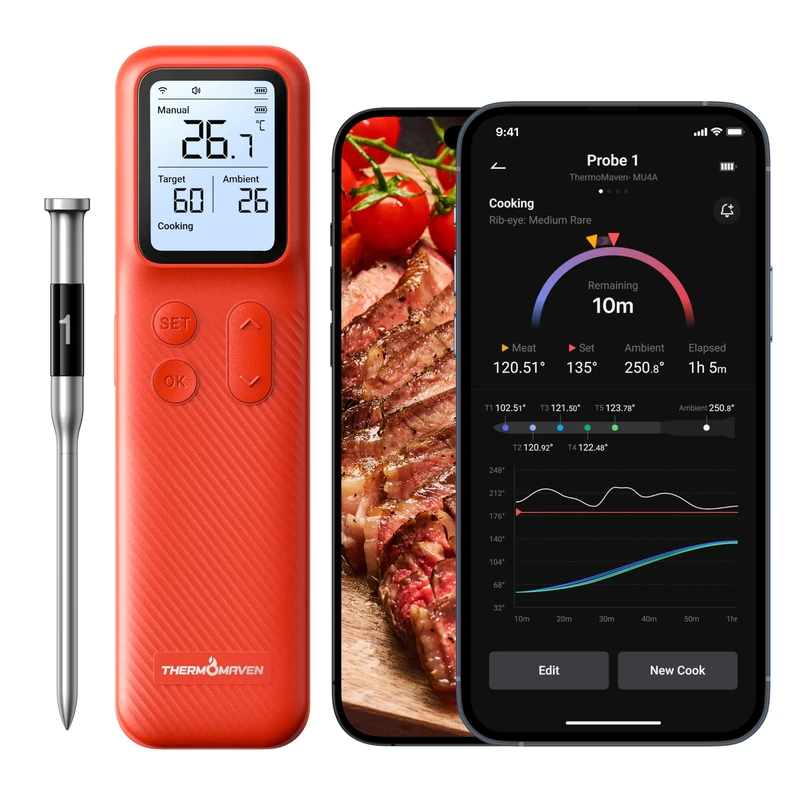 ThermoMaven Bluetooth Wireless Meat Thermometer - 1 Probe IPX8 Waterproof 6 Sensors, 152m Bluetooth 5.3, Stable WiFi Unlimited Range, Smart Standalone Base for BBQ Grill Oven Smoker Air Fryer Kitchen